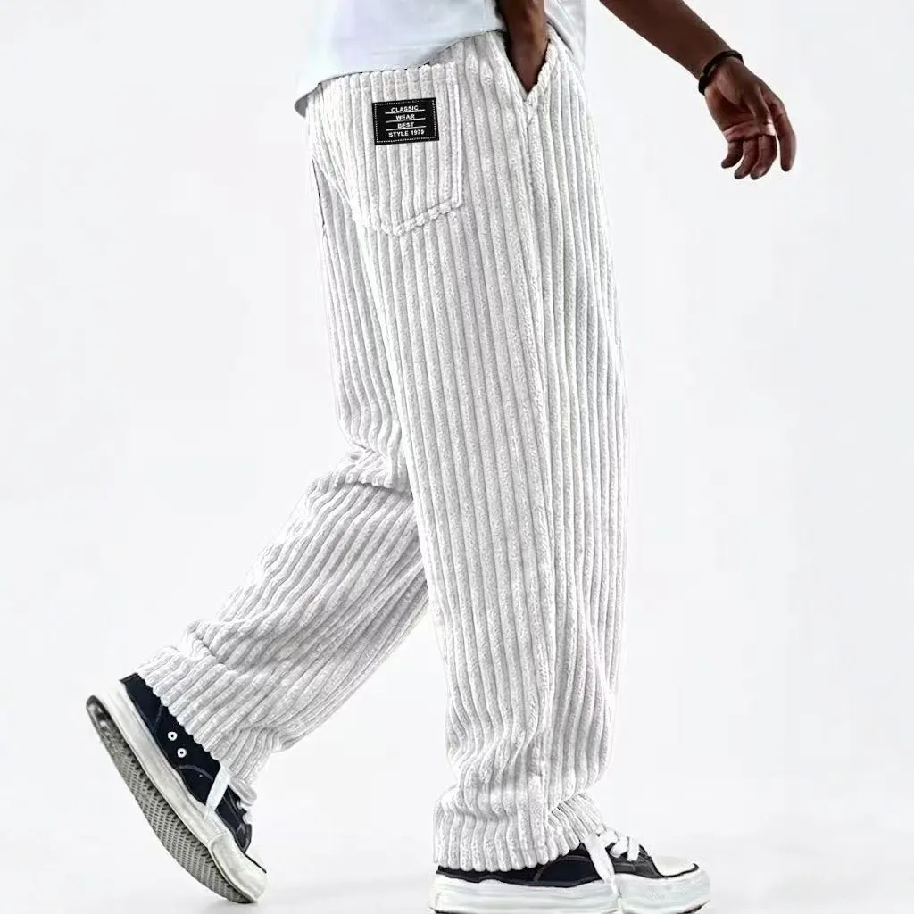 Men'S Fashion Casual Retro Autumn Winter Solid Color Vertical Stripe Corduroy Loose Straight Pants