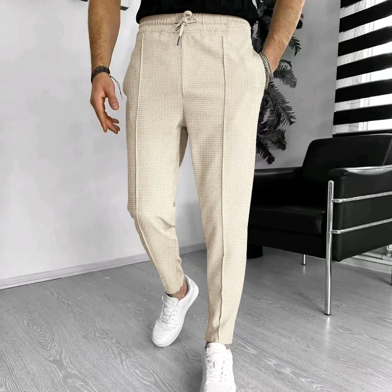 Men'S Fashion Casual Solid Color Waffkle Drawstring Pants