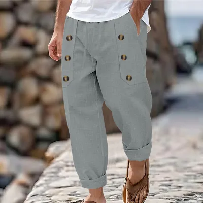 Men'S Fashion Casual Solid Color Multi-Button Cotton Linen Loose Pants