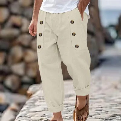 Men'S Fashion Casual Solid Color Multi-Button Cotton Linen Loose Pants