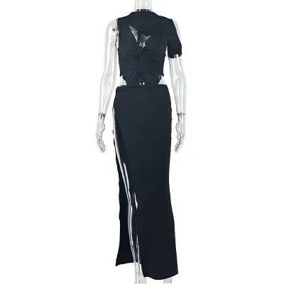 Women Fashion Sexy Solid Color Irregular Hollow Out High Collar Sleeveless Long Dress