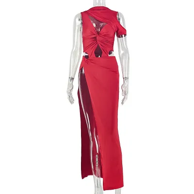 Women Fashion Sexy Solid Color Irregular Hollow Out High Collar Sleeveless Long Dress