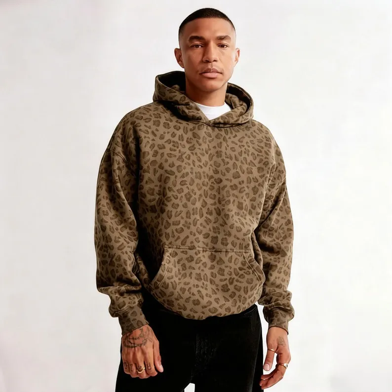Men Fashion Casual Autumn And Winter Leopard Loose Long Sleeve Pocket Hoodies