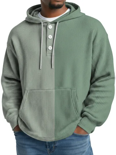 Men'S Fashion Casual Color Block Waffle Fabric Long-Sleeve Button Hoodies