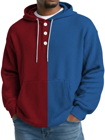 Men'S Fashion Casual Color Block Waffle Fabric Long-Sleeve Button Hoodies