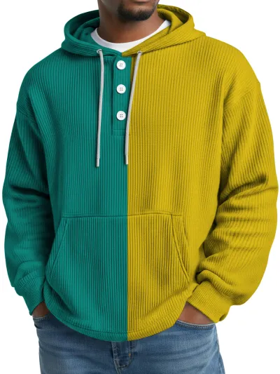 Men'S Fashion Casual Color Block Waffle Fabric Long-Sleeve Button Hoodies