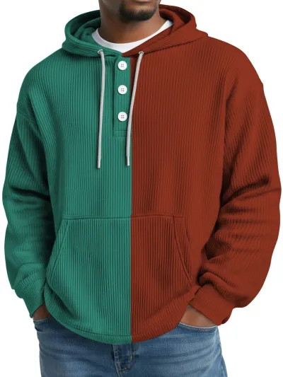 Men'S Fashion Casual Color Block Waffle Fabric Long-Sleeve Button Hoodies