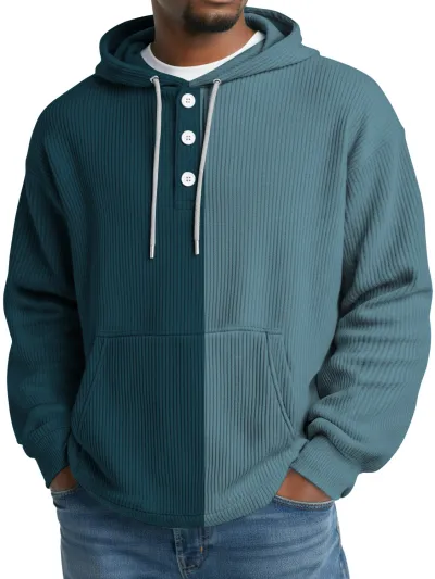 Men'S Fashion Casual Color Block Waffle Fabric Long-Sleeve Button Hoodies