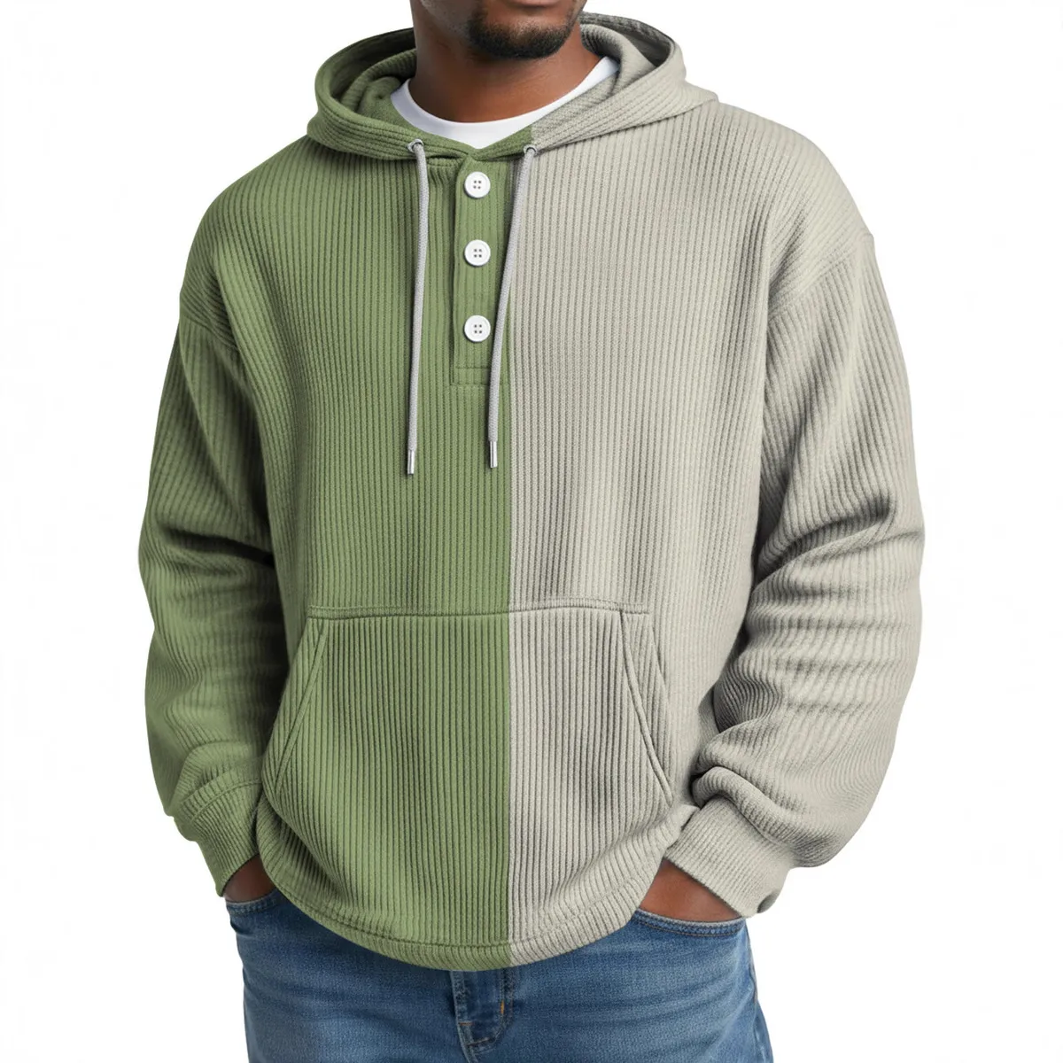 Men'S Fashion Casual Color Block Waffle Fabric Long-Sleeve Button Hoodies