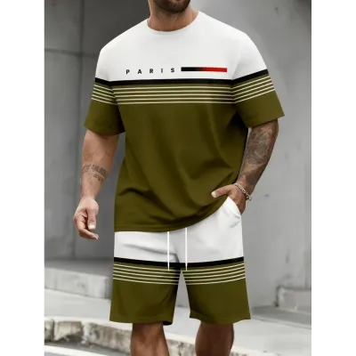 Men'S Fashion Casual Summer Letter Print Short Sleeve T-Shirt Loose Shorts Two-Piece Set