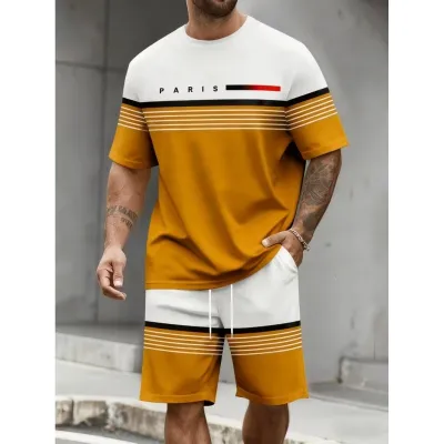Men'S Fashion Casual Summer Letter Print Short Sleeve T-Shirt Loose Shorts Two-Piece Set