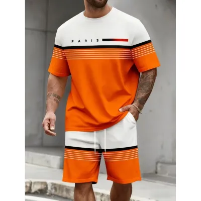 Men'S Fashion Casual Summer Letter Print Short Sleeve T-Shirt Loose Shorts Two-Piece Set