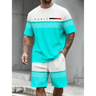 Men'S Fashion Casual Summer Letter Print Short Sleeve T-Shirt Loose Shorts Two-Piece Set