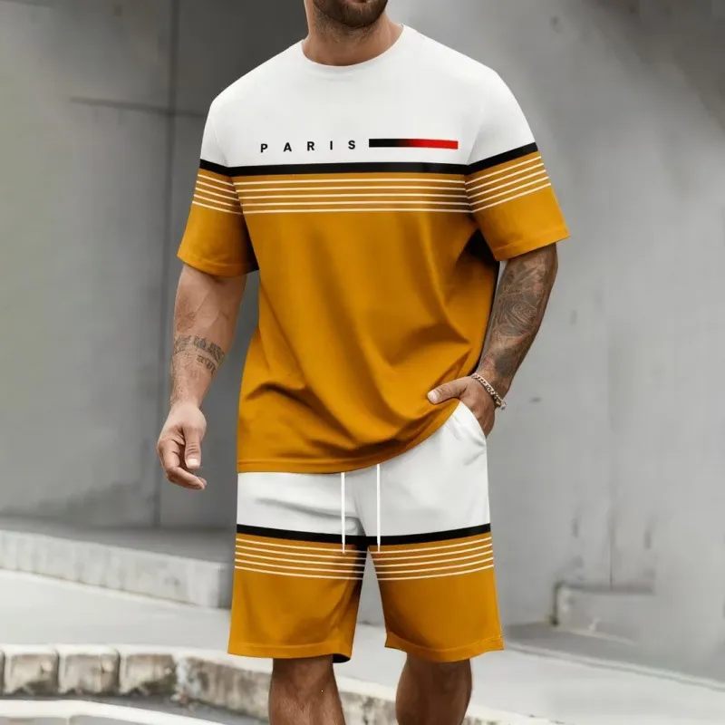 Men'S Fashion Casual Summer Letter Print Short Sleeve T-Shirt Loose Shorts Two-Piece Set