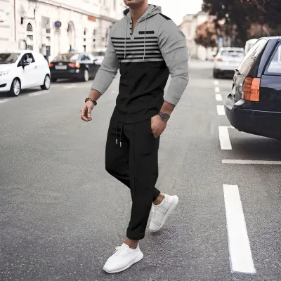 Men'S Fashion Casual Autumn Waffles Stripe Long Sleeve Hoodies Pants Two-Piece