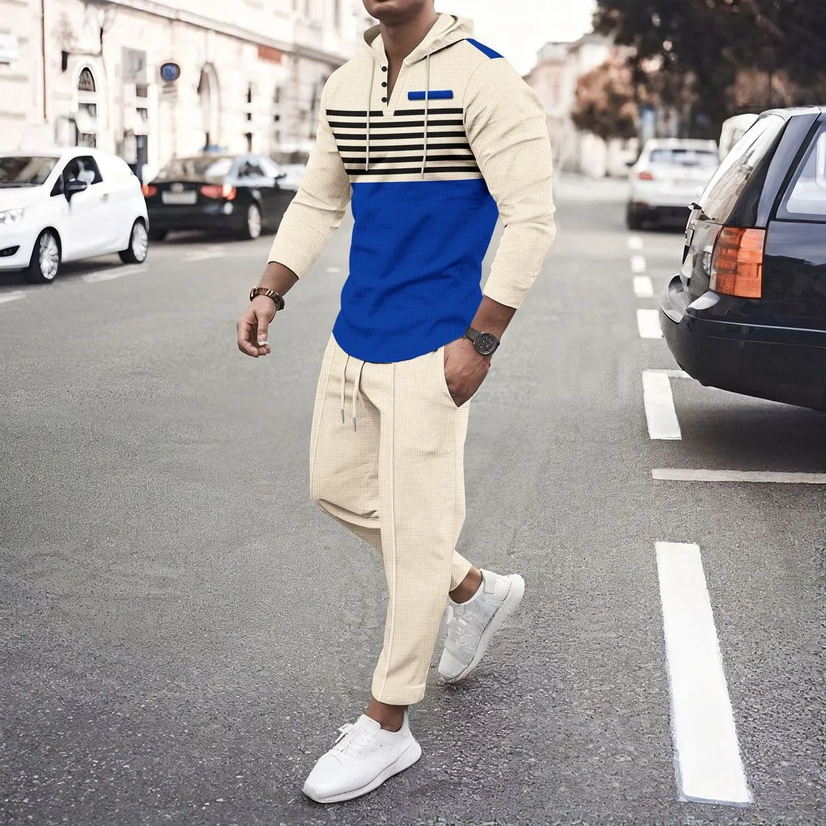 Men'S Fashion Casual Autumn Waffles Stripe Long Sleeve Hoodies Pants Two-Piece