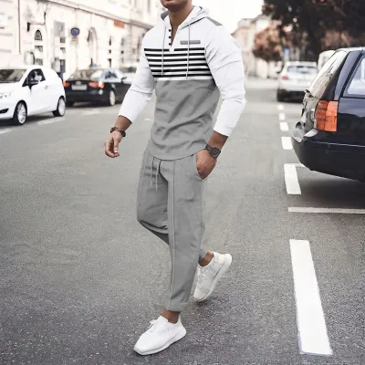 Men'S Fashion Casual Autumn Waffles Stripe Long Sleeve Hoodies Pants Two-Piece