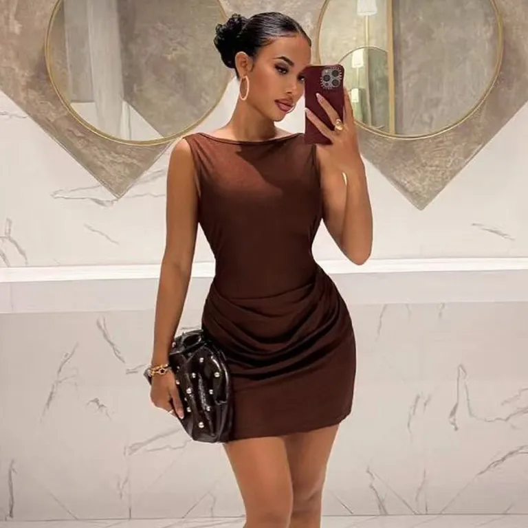 Women Fashion Elegant Solid Color Sleeveless Slim-Fit Dress