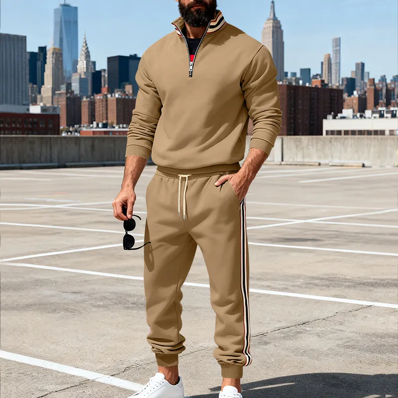 Men'S Fashion Casual Autumn And Winter Contrast Ribbon Lapel Long-Sleeve Sweatshirt Pants Two-Piece Set