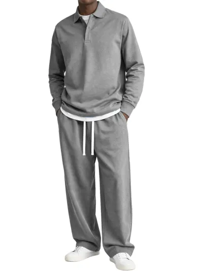 Men'S Fashion Casual Spring And Autumn Solid Color Lapel Long Sleeve Sweatshirt Drawstring Wide Leg Pants Two-Piece Set