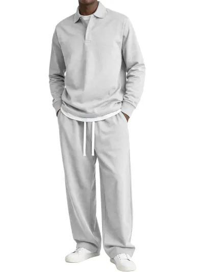 Men'S Fashion Casual Spring And Autumn Solid Color Lapel Long Sleeve Sweatshirt Drawstring Wide Leg Pants Two-Piece Set