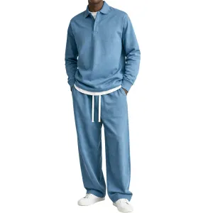 Men'S Fashion Casual Spring And Autumn Solid Color Lapel Long Sleeve Sweatshirt Drawstring Wide Leg Pants Two-Piece Set