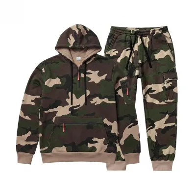Men'S Fashion Casual Autumn And Winter Camouflage Fleece-Lined Long-Sleeve Hoodies Pants Two-Piece Set