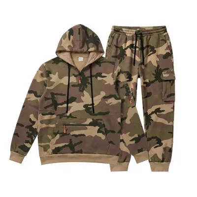 Men'S Fashion Casual Autumn And Winter Camouflage Fleece-Lined Long-Sleeve Hoodies Pants Two-Piece Set