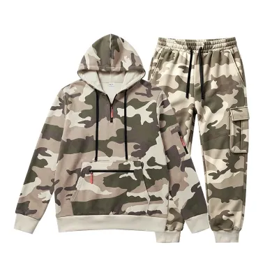 Men'S Fashion Casual Autumn And Winter Camouflage Fleece-Lined Long-Sleeve Hoodies Pants Two-Piece Set