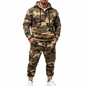 Men'S Fashion Casual Autumn And Winter Camouflage Fleece-Lined Long-Sleeve Hoodies Pants Two-Piece Set