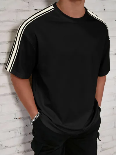 Men'S Fashion Casual Spring And Autumn Stripe Round Collar Short-Sleeve T-Shirt