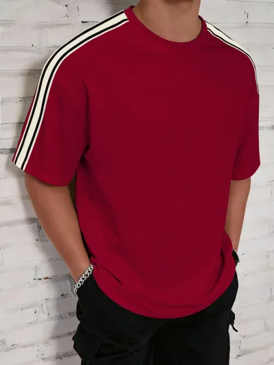 Men'S Fashion Casual Spring And Autumn Stripe Round Collar Short-Sleeve T-Shirt