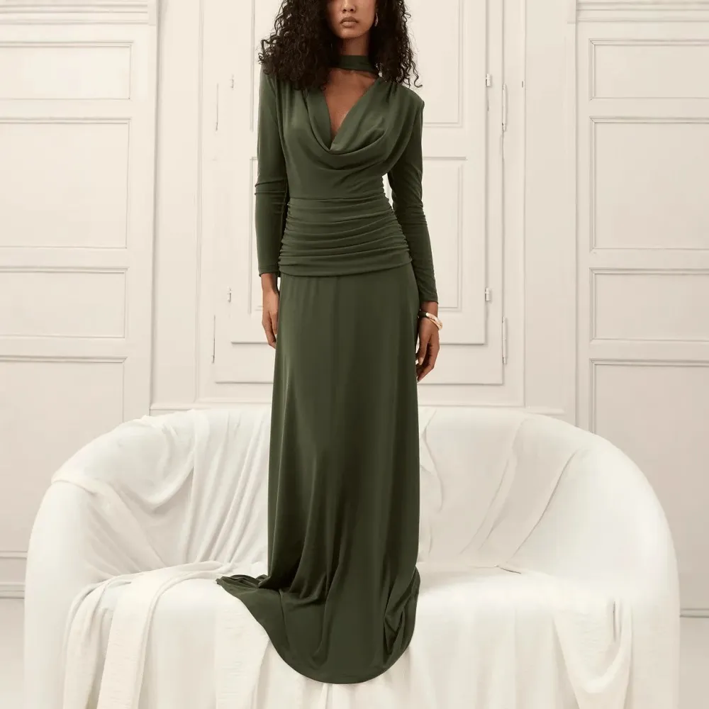 Women Fashion Elegant Autumn Solid Color Long Sleeve Slim-Fit Strap Dress
