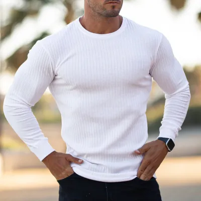 Men'S Fashion Casual Autumn Solid Color Elastic Vertical Strip Round Neck Long Sleeve T-Shirt