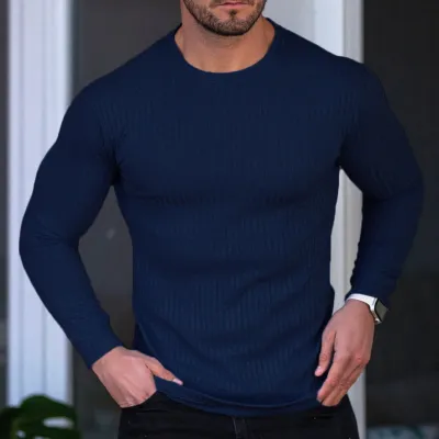 Men'S Fashion Casual Autumn Solid Color Elastic Vertical Strip Round Neck Long Sleeve T-Shirt