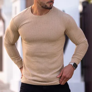 Men'S Fashion Casual Autumn Solid Color Elastic Vertical Strip Round Neck Long Sleeve T-Shirt