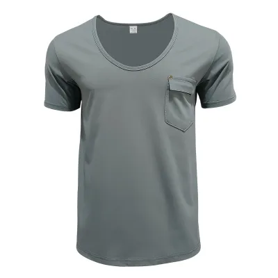 Men'S Fashion Casual Summer Solid Color Pocket V-Neck Short-Sleeve T-Shirt