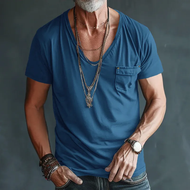 Men'S Fashion Casual Summer Solid Color Pocket V-Neck Short-Sleeve T-Shirt