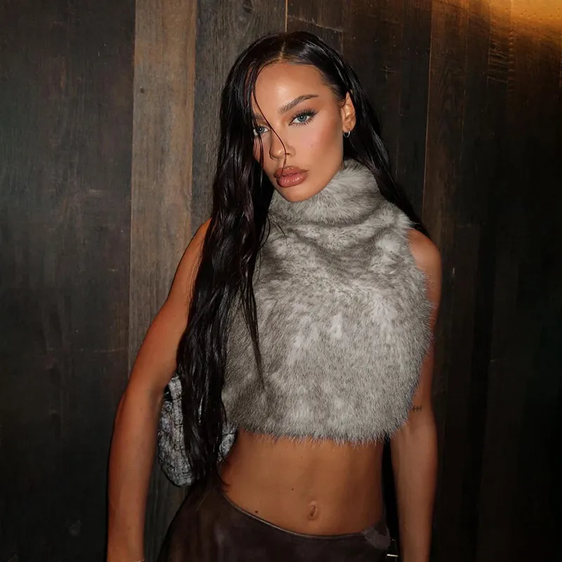 Autumn Women Sexy Sleeveless Faux Fur Crop Top