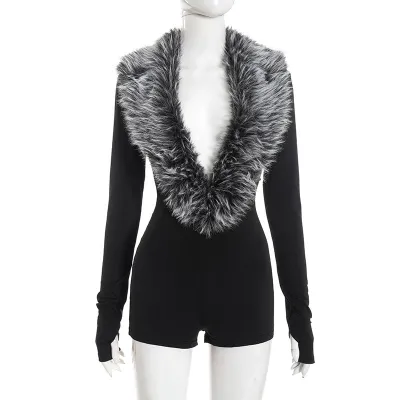 Autumn And Winter Women Sexy Faux Fur Stitching V-Neck Long Sleeve Rompers