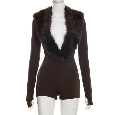 Autumn And Winter Women Sexy Faux Fur Stitching V-Neck Long Sleeve Rompers