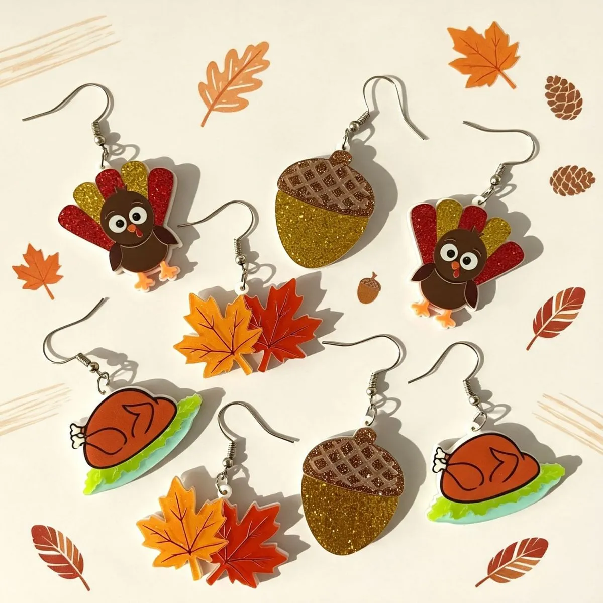 Thanksgiving Cute Cartoon Turkey Maple Leaf Pinecone Acrylic Earrings