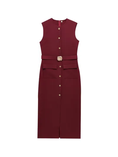 Women Fashion Sleeveless Round Neck Single-Breasted Maxi Dress