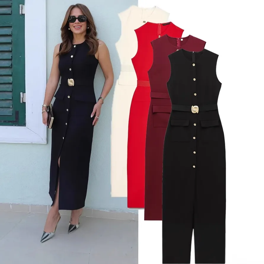 Women Fashion Sleeveless Round Neck Single-Breasted Maxi Dress