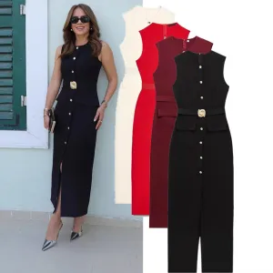 Women Fashion Sleeveless Round Neck Single-Breasted Maxi Dress
