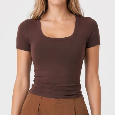 Women Simple Solid Color U-Neck Short-Sleeve T-Shirt