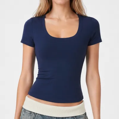 Women Simple Solid Color U-Neck Short-Sleeve T-Shirt