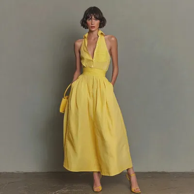 Women Casual Stripe Lapel Sleeveless Maxi Dress