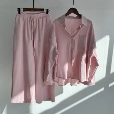 Women Casual Solid Color Shirt And Pants Two-Piece Set