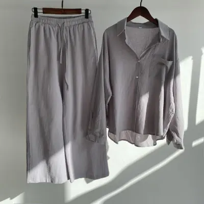Women Casual Solid Color Shirt And Pants Two-Piece Set